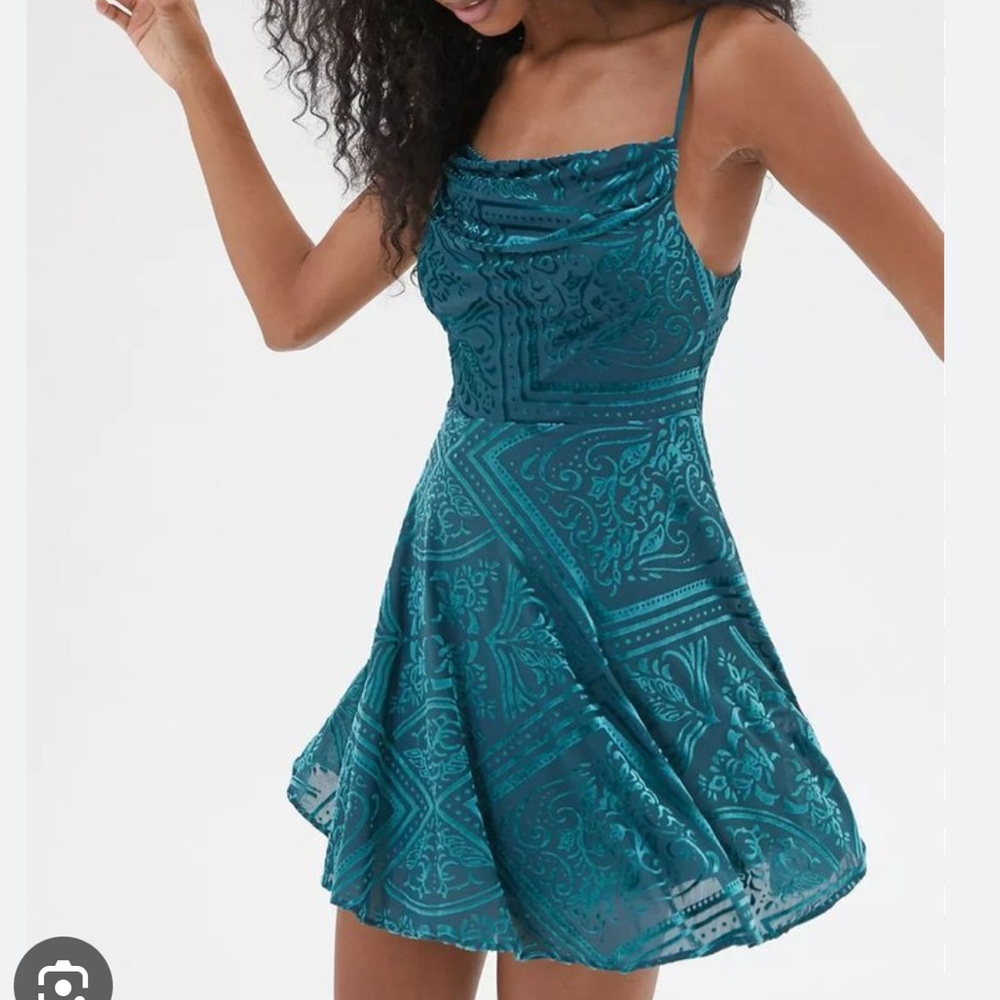 Urban Outfitters Teal Patterned Cowl Neck Mini Dress
